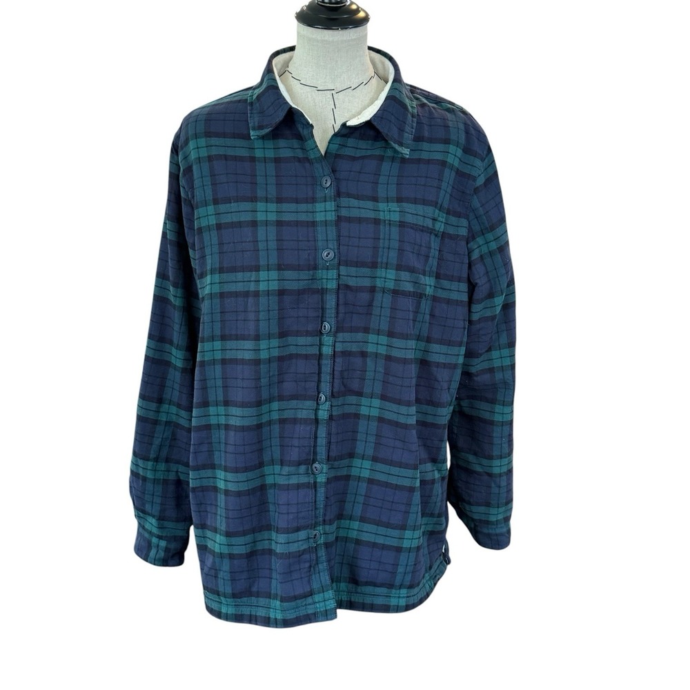L.L. Bean Women XL Shacket Fleece Sherpa Lined Flannel Shirt Green EUC